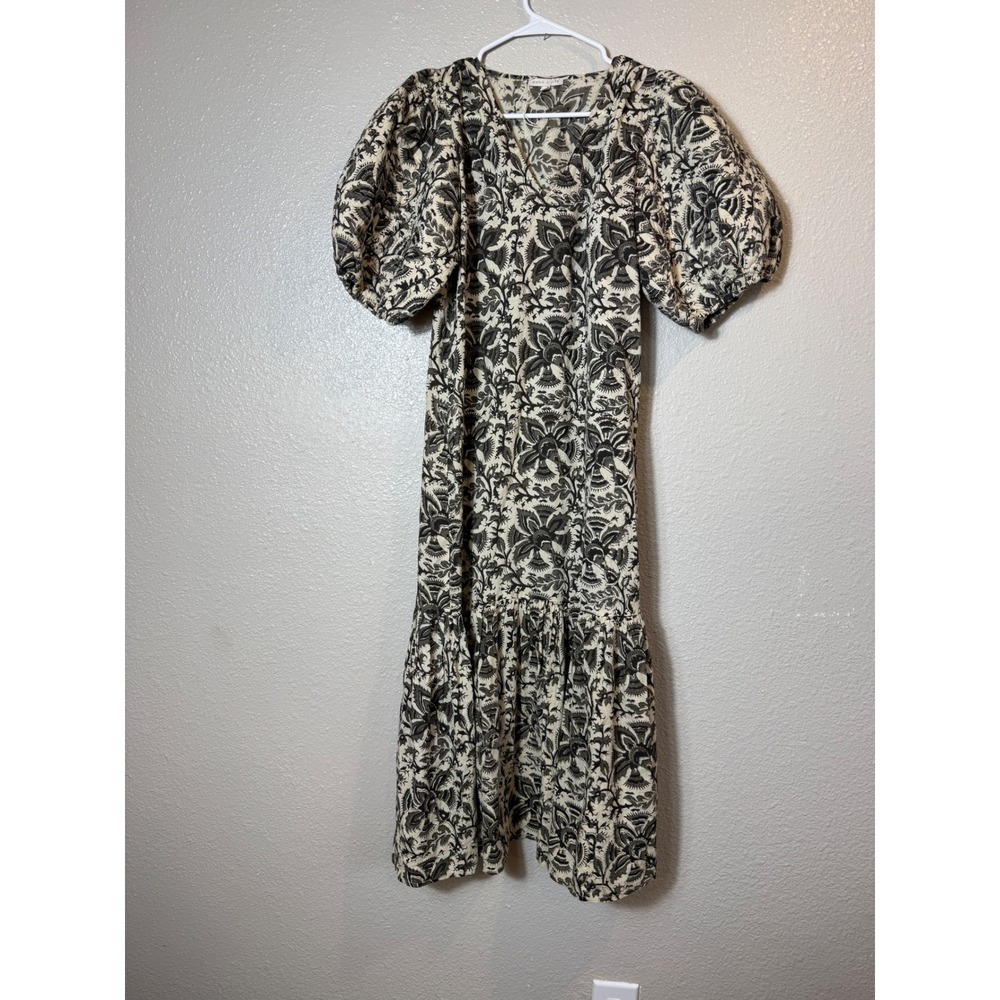 Anna Cate Floral Puff Sleeve Tiered Midi Dress Black Ivory Size S